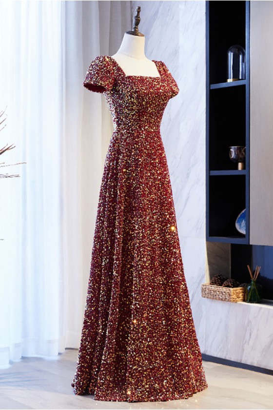 Gorgeous Rhinestones Crewneck Long Sleeve Party Burgundy Mini Dress