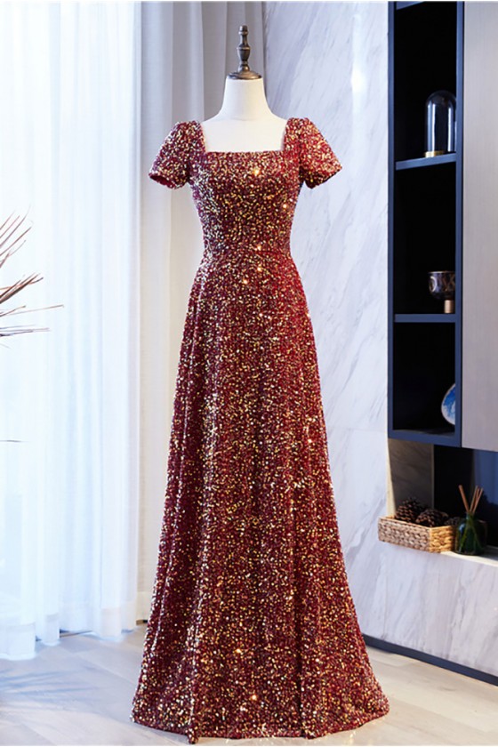 Full Sequined Long Aline Burgundy Party Dress With Short Sleeves