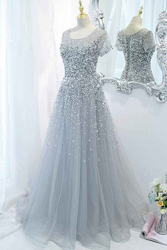 Sparkly Sequined Long Tulle Prom Dress with Short Sleeves