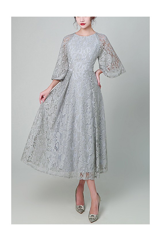 Modest Lace Tea Length Wedding Guest Dress with Lace Sleeves