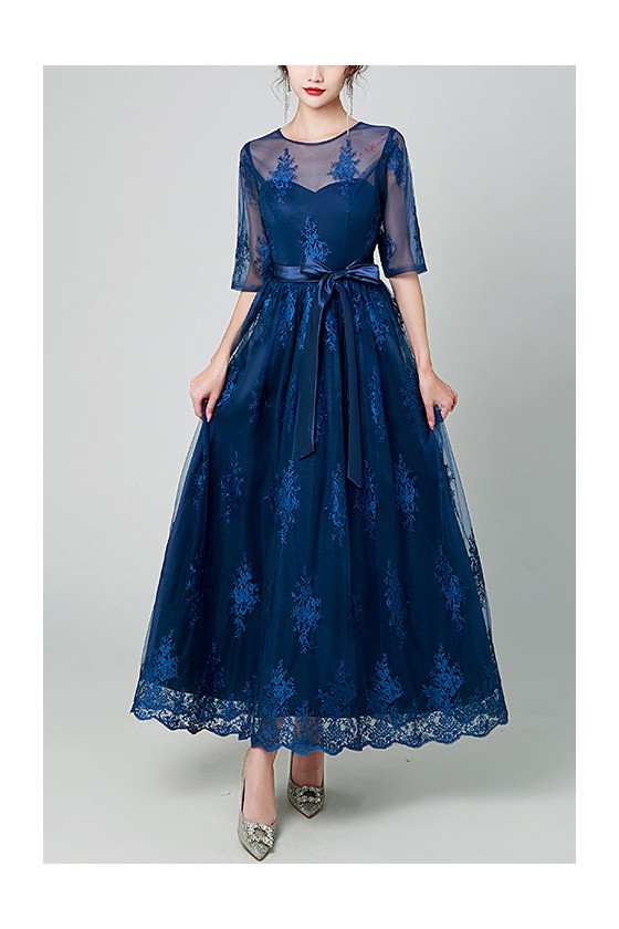 Blue Lace Ankle Length Party Dress with Appliques Illusion Sleeves