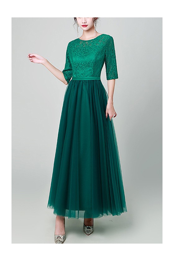 Green Tulle Ankle Length Party Dress with Half Sleeves