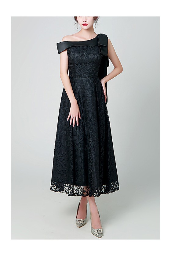Black Lace One Shoulder Tea Length Party Dress - $62.9784 #S1827 ...