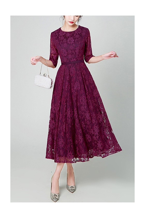 Purple Lace Aline Midi Party Dress with Half Sleeves
