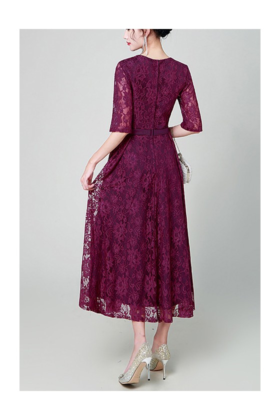 Purple Lace Aline Midi Party Dress with Half Sleeves 59.9832 S1821 SheProm