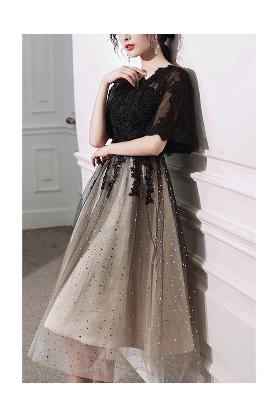 19068 Black Sequined Lace Top Tulle Dress