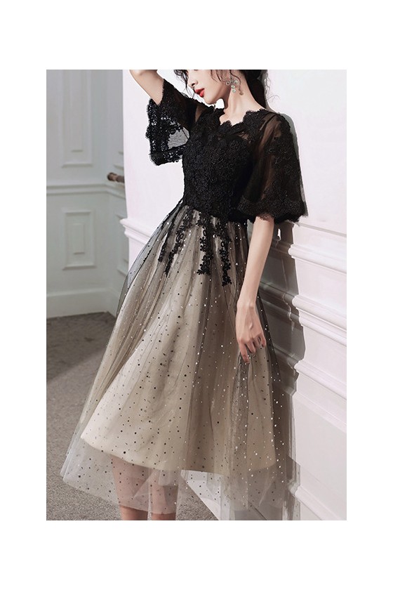 Elegant Black Lace Aline Party Dress Tulle with Sequins