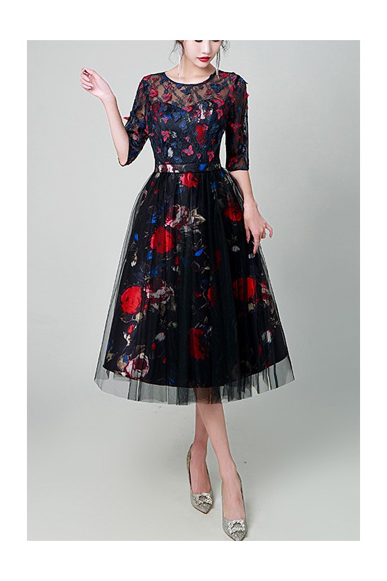Vintage Floral Printed Butterflies Midi Party Dress with Sleeves