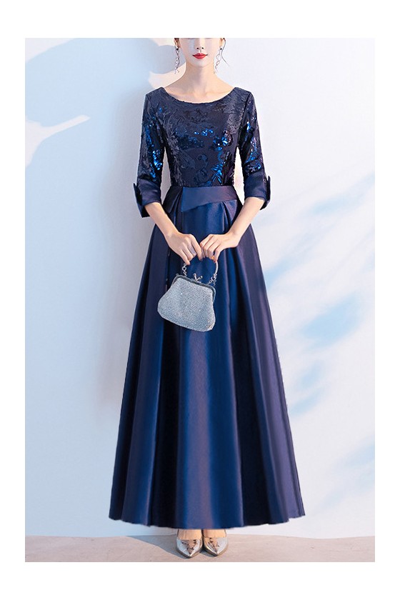 Navy Blue Aline Satin Wedding Party Dress with Sequins