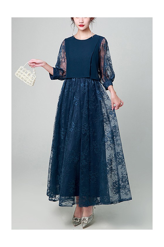 Navy Blue Maxi Lace Wedding Guest Dress with Sheer Sleeves