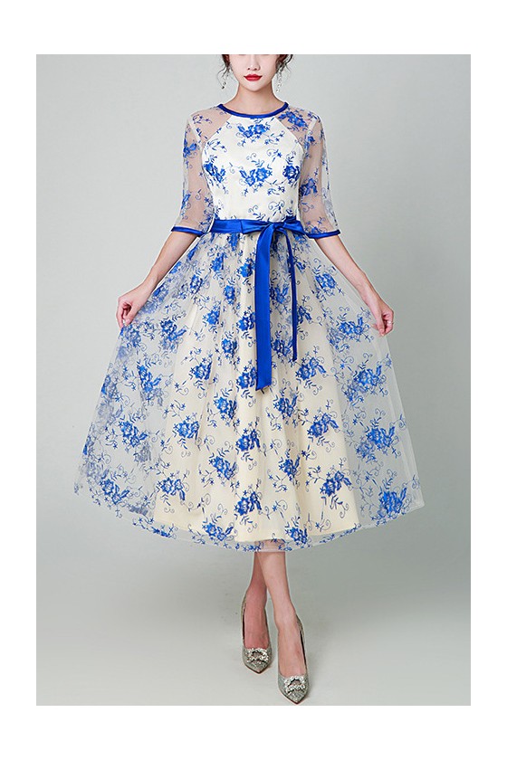 Retro Blue Flowers Tea Length Wedding Party Dress with Sash