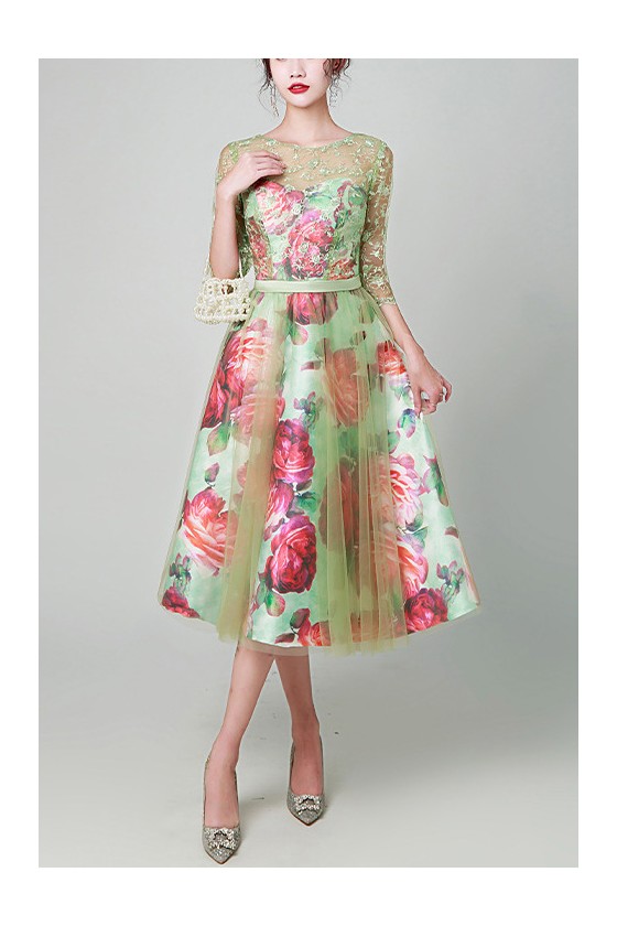 Retro Floral Prints Tea Length Wedding Party Dress