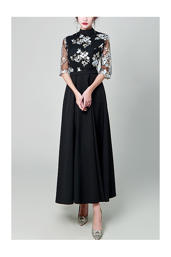 open lace back dress New Elegant Black Glitter High Neck Lantern Mesh Long Sleeve with Split Evening and Party Dress Black / M main image 1