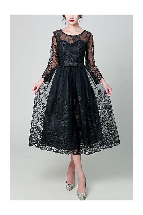 Black Lace Illusion Long Sleeved Midi Party Dress