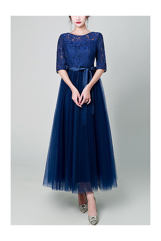 Modest Aline Tulle Lace Maxi Party Dress with Lace Half Sleeves