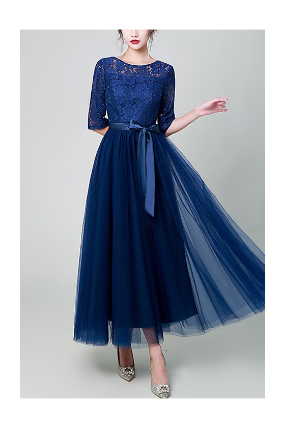 Modest Aline Tulle Lace Maxi Party Dress with Lace Half Sleeves - $63.9792  #S1808 - SheProm.com