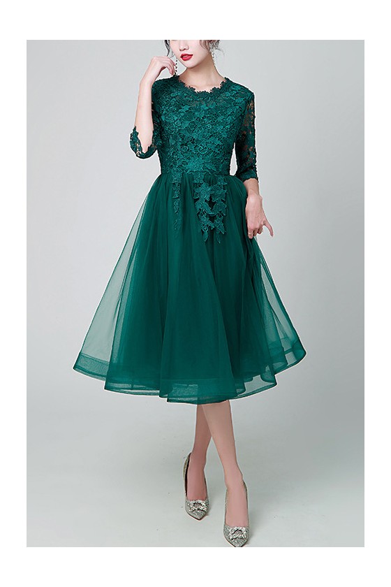 Green Lace Sleeved Midi Tulle Party Dress for Wedding Guest
