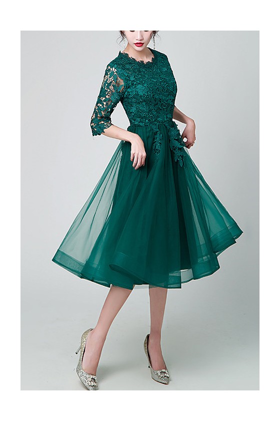 Green Lace Sleeved Midi Tulle Party Dress for Wedding Guest - $62.9784 ...