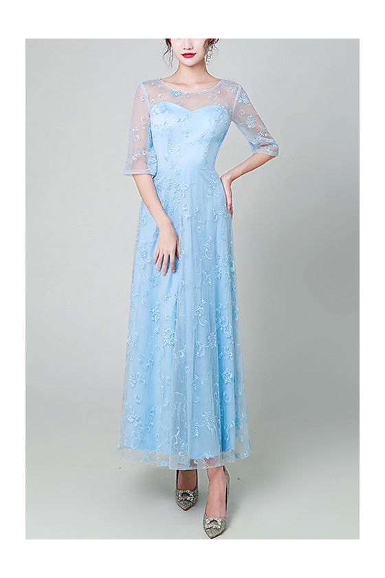 Elegant Lace Round Neck Maxi Wedding Party Dress with Sleeves