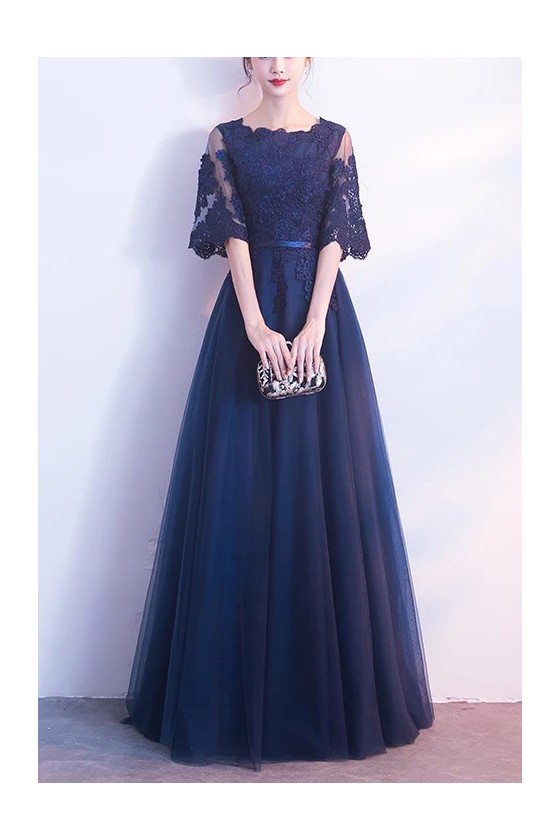 Modest Aline Lace Tulle Party Dress with Sheer Sleeves