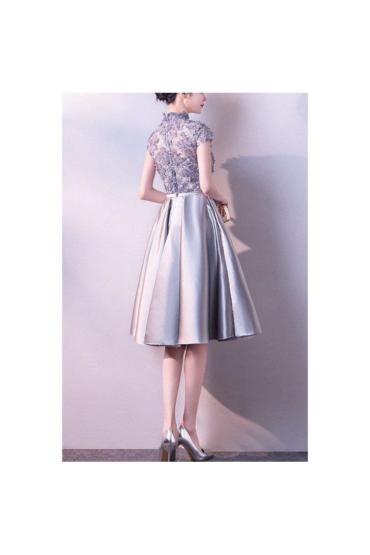 Silver Satin Knee Length Aline Party Dress with Cap Sleeves - $57.9816 ...