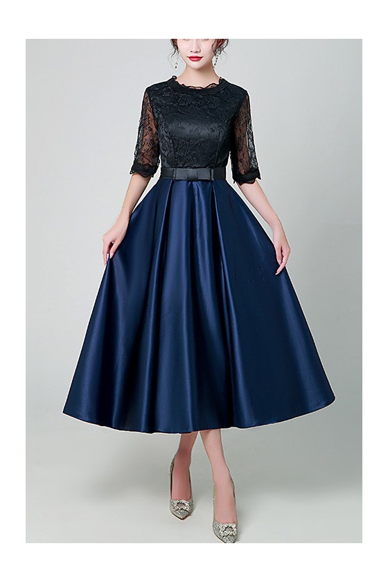 Navy Blue Pleated Satin Black Lace Tea Length Party Dress with Sash
