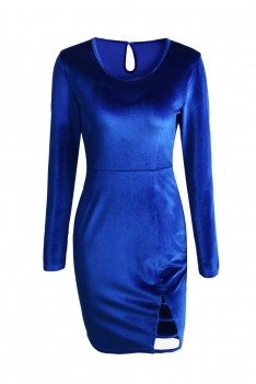 Women's Round Neck Blue Long Sleeve Velvet Dress - AS05735SB