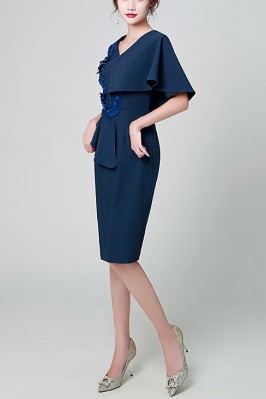 Sexy Navy Blue Sheath Cocktail Dresses 2018 Halter Beaded Short Prom Party Gowns with Full Sleeve