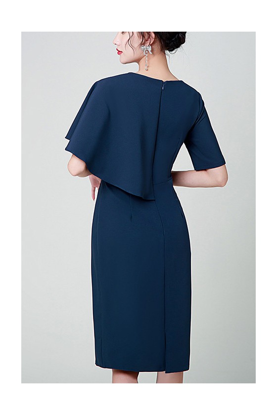 Navy Blue Sheath Knee Length Cocktail Party Dress Vneck with Sleeves -  $57.9816 #S1831 - SheProm.com