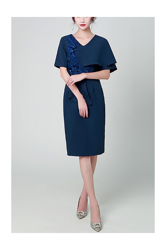 Navy Blue Sheath Knee Length Cocktail Party Dress Vneck with Sleeves -  $57.9816 #S1831 - SheProm.com