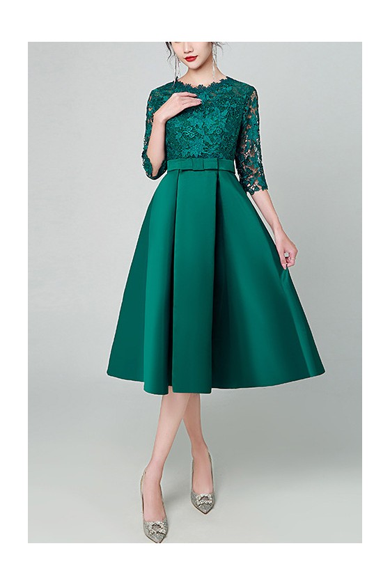 Green Satin Lace Semi Party Dress with Half Sleeves