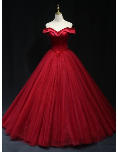 Off Shoulder Burgundy Ball Gown Prom Dress With Beading