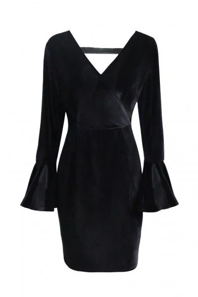 Women's Black V-neck Long Sleeve Velvet Dress - $39 #AS05736BK ...