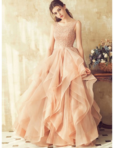 Sleeveless Long Pink Tulle Lace Prom Dress With Ruffle Skirt