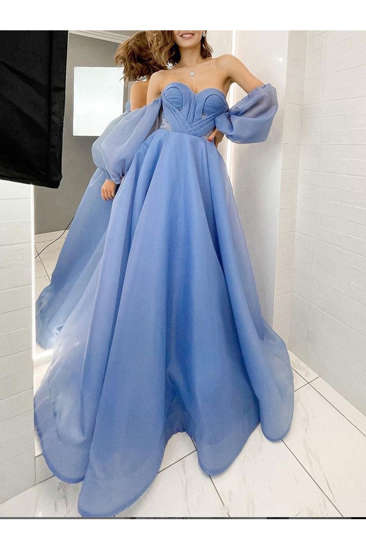 Dusty Blue Tulle Pleated Simple Prom Dress With Cap Sleeves