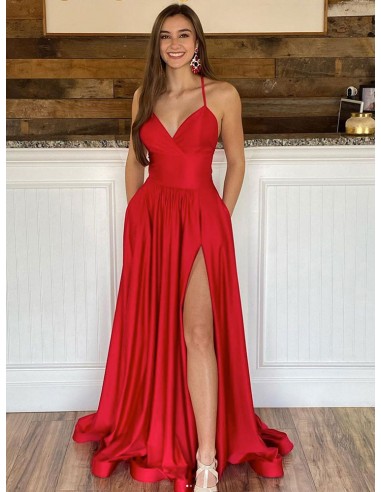 Sexy Open Back V Neck Satin Red Long Party Dress With Split Front