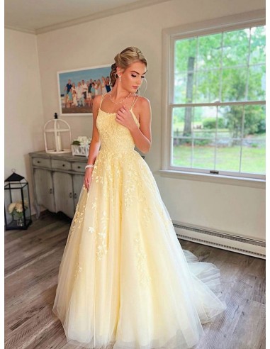 Elegant Yellow Long Tulle Lace Prom Dress For Girls