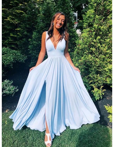 Sexy Deep V Plain Chiffon Blue Long Slit Bridesmaid Dress For Wedding