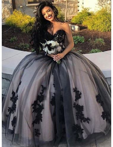 Ball Gown Sweetheart Neck Black Long Prom Dress With Lace Applique