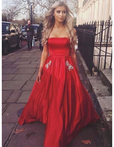 Strapless Hot Red Long Formal Dress With Applique
