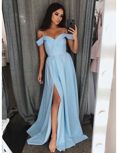 Off Shoulder Simple Long Blue Prom Party Dress With Slit