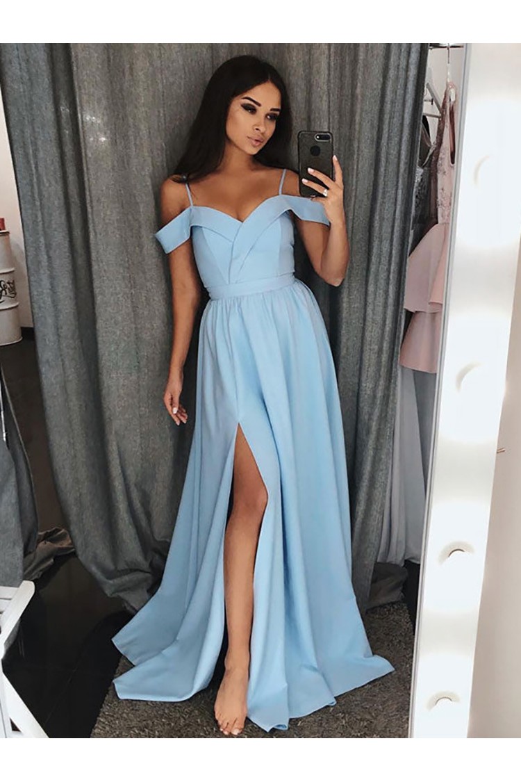 Stylish Off Shoulder Light Blue Long Prom Dress with High Slit, Off  Shoulder Light Blue Formal Graduation Evening Dress