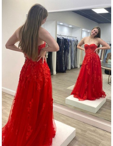 Strapless Hot Red Tulle Lace Long Formal Party Dress - $169.6878 #TZ1335 -  SheProm.com