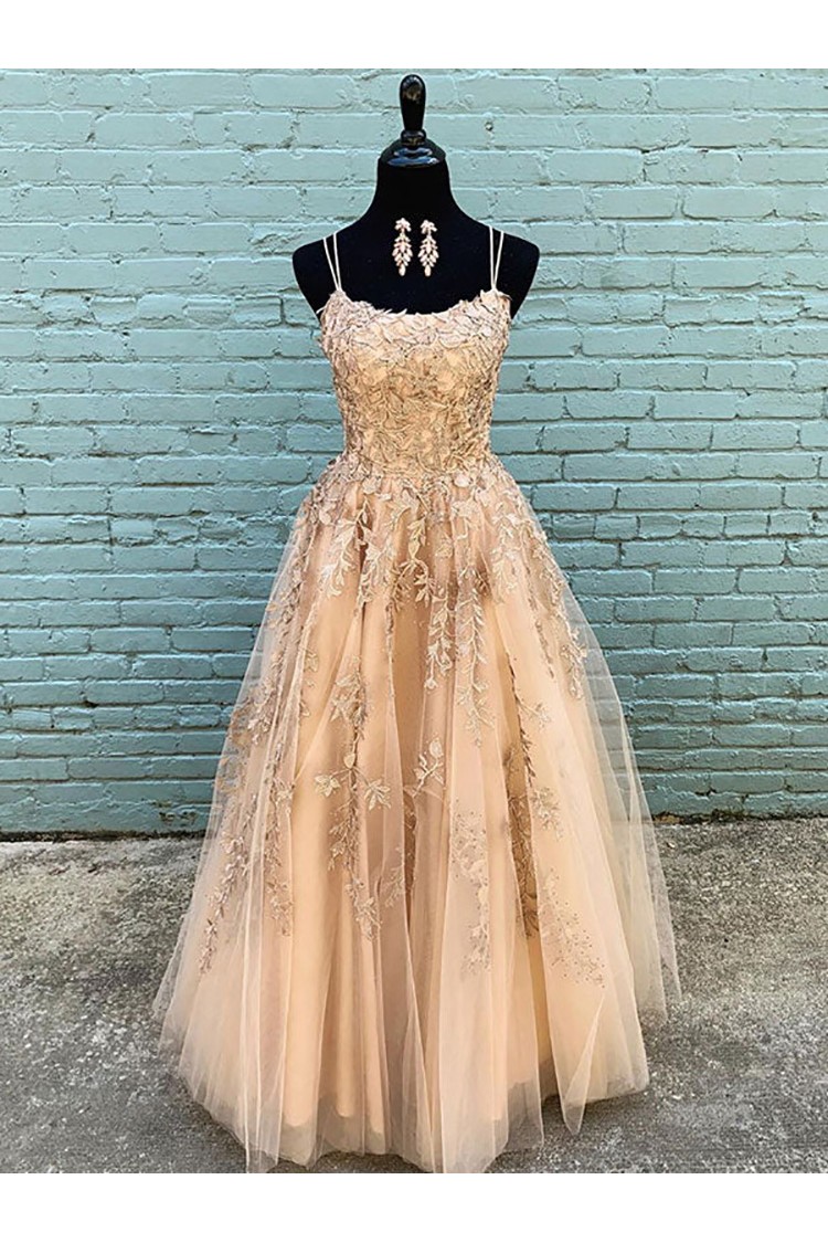 Graceful Lace Long Champagne Tulle Prom Dress With Double Straps 183