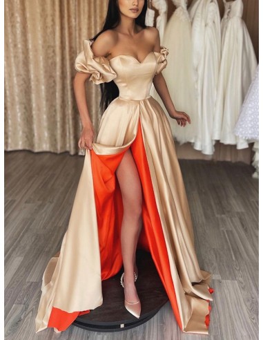 Sexy Long Slit Orange Gold Prom Dress With Off Shoulder Sweetheart Neck