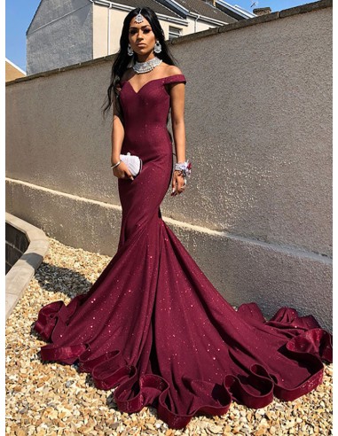 Off Shoulder Mermaid Burgundy Long Fitted Formal Dress With Train