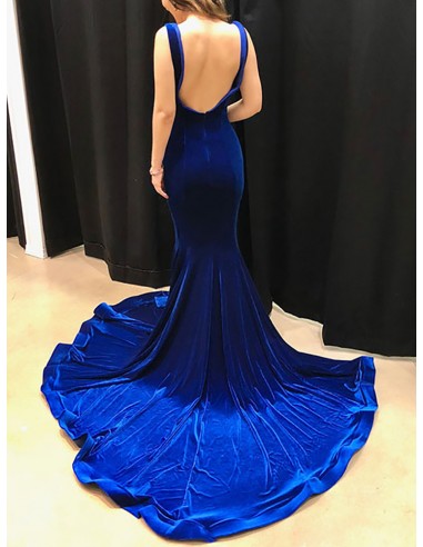 U Back Simple Long Velvet Fitted Mermaid Evening Dress With Train