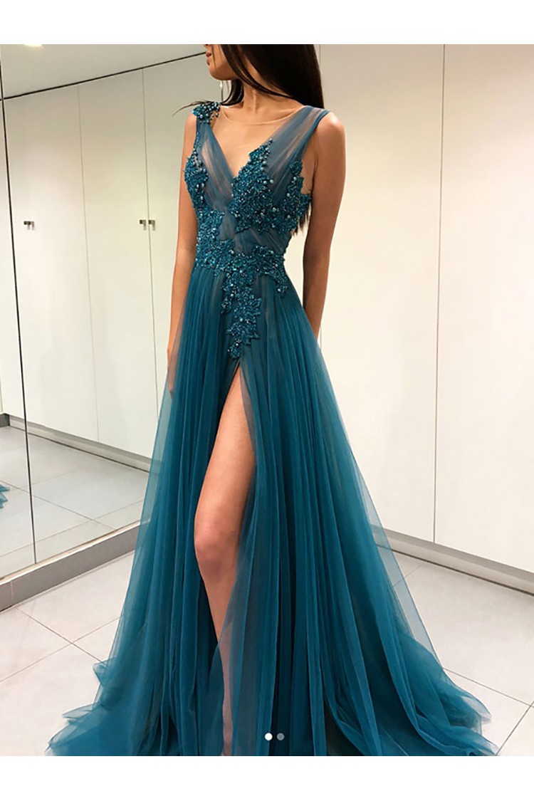 Flowing Sheer Tulle Long Slit Turquoise Prom Party Dress With Lace ...