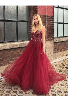 Elegant V Neck Long Burgundy Tulle Lace Prom Dress U Back - $169.6878 # ...