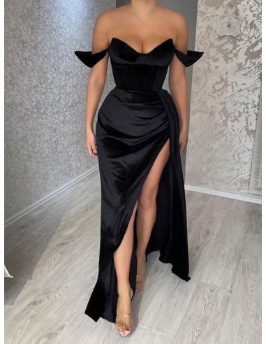 Sexy Off Shoulder Black Fitted Party Dress With Long Slit